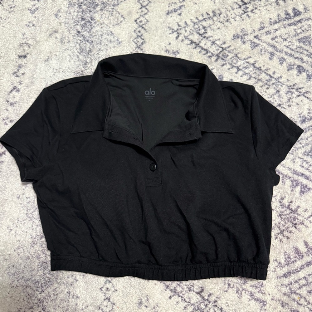 ALO Yoga Black Polo Crop Top Built in Bra Medium